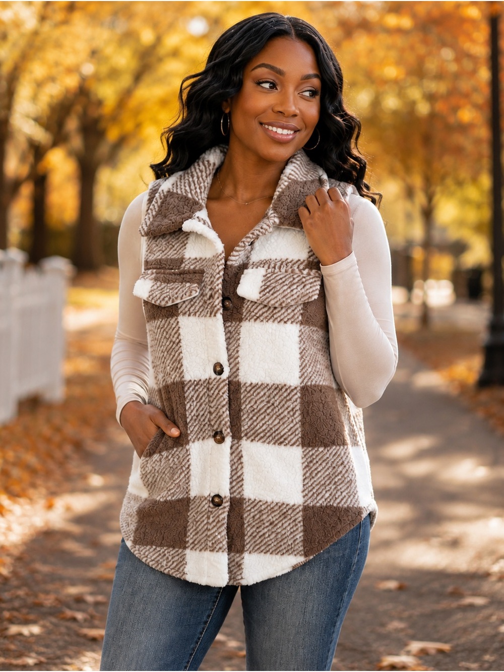 SHEIN Brown & Cream Plaid Sherpa Vest Size Large Never Worn